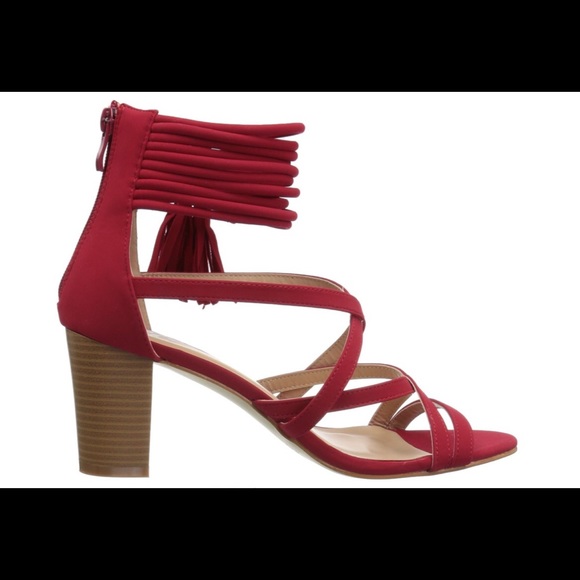Red Tassel Strapy Chunky Heels Sandals 8.5M NWB - Picture 2 of 5